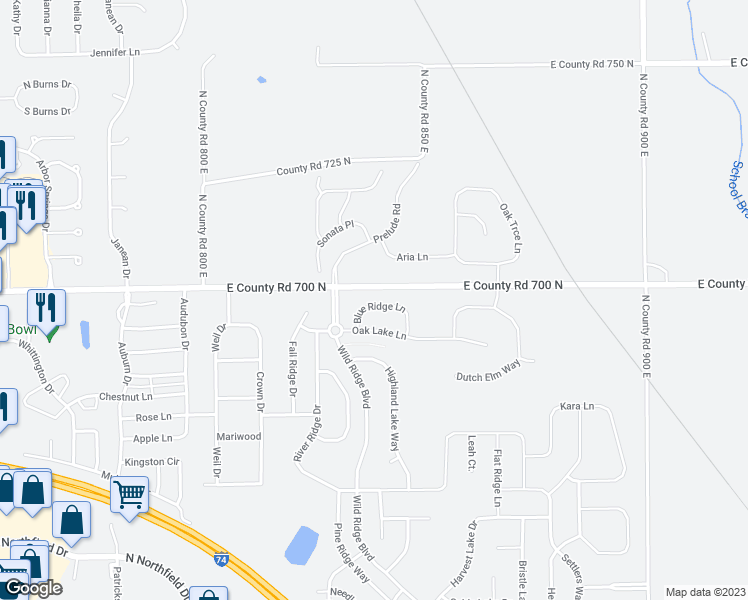 map of restaurants, bars, coffee shops, grocery stores, and more near 1332 Blue Ridge Lane in Brownsburg