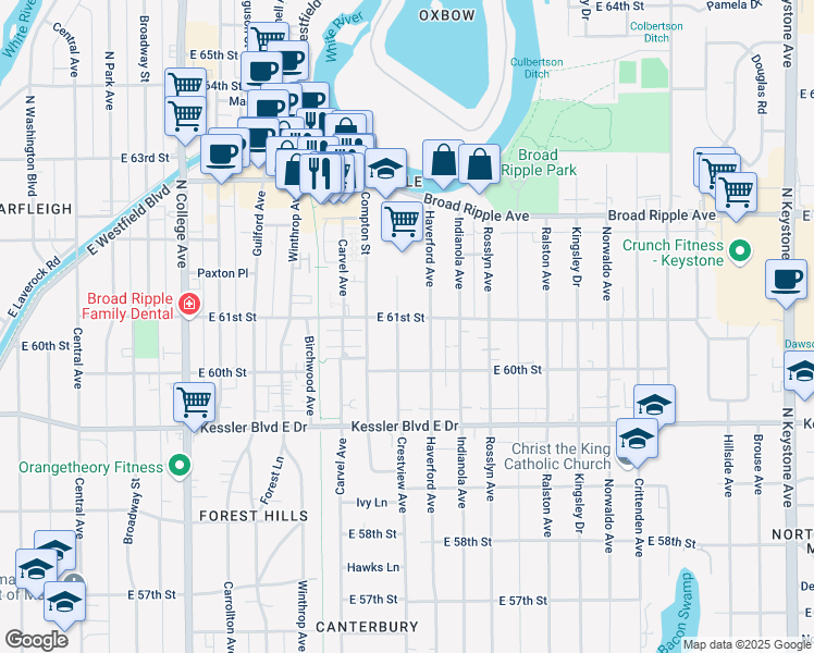 map of restaurants, bars, coffee shops, grocery stores, and more near 1233 East 61st Street in Indianapolis