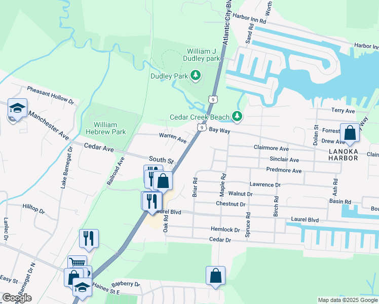 map of restaurants, bars, coffee shops, grocery stores, and more near 809 North Main Street in Lacey Township