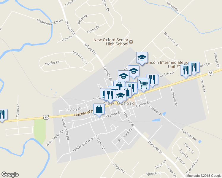 map of restaurants, bars, coffee shops, grocery stores, and more near 113 Carlisle Street in New Oxford