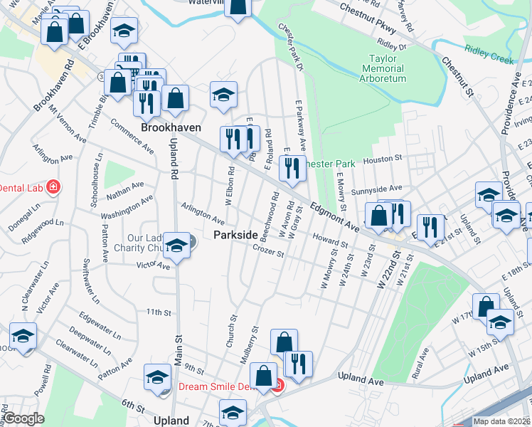 map of restaurants, bars, coffee shops, grocery stores, and more near 20 Beechwood Road in Brookhaven