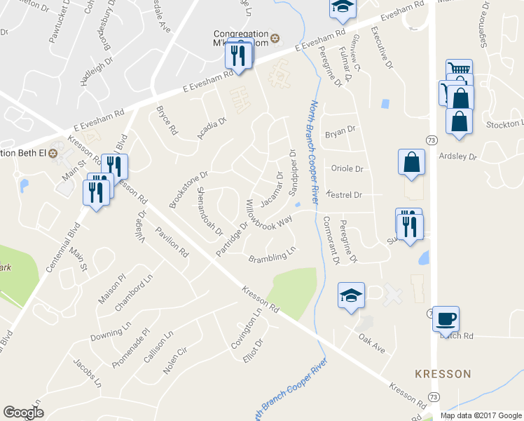 map of restaurants, bars, coffee shops, grocery stores, and more near 46 Jacamar Drive in Voorhees Township