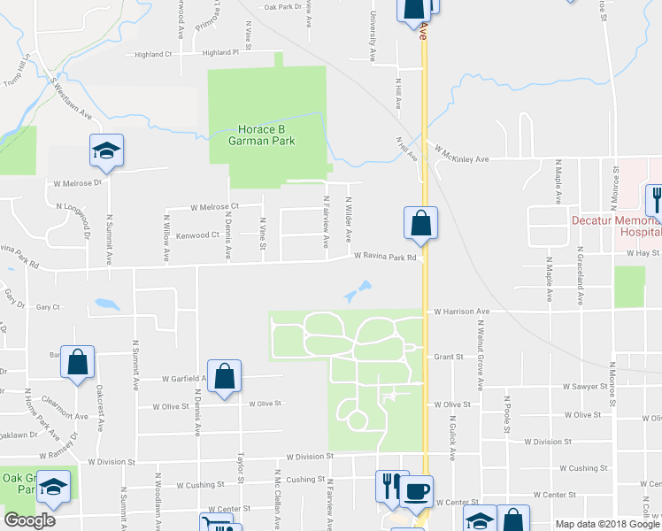 map of restaurants, bars, coffee shops, grocery stores, and more near 1237 West Ravina Park Road in Decatur