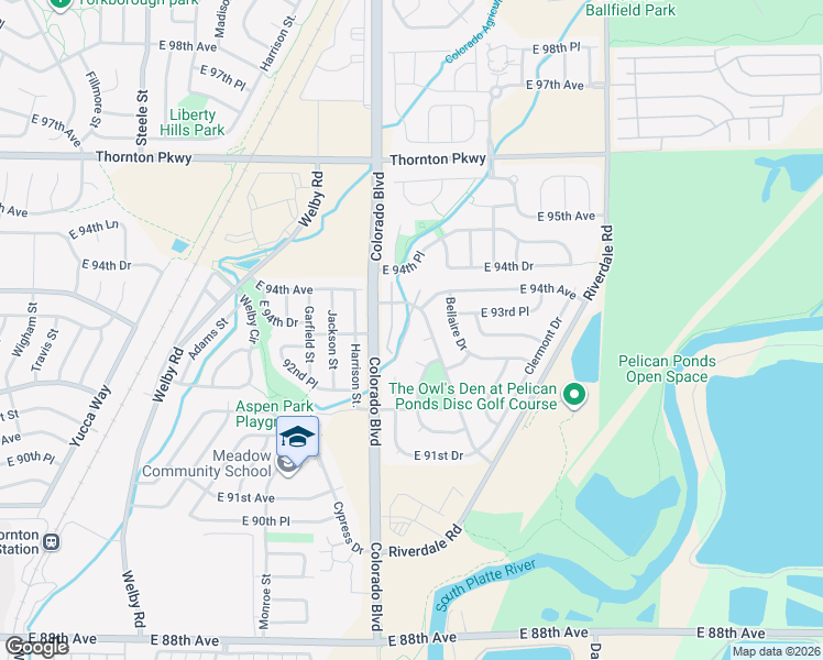map of restaurants, bars, coffee shops, grocery stores, and more near 9395 Bellaire Street in Thornton