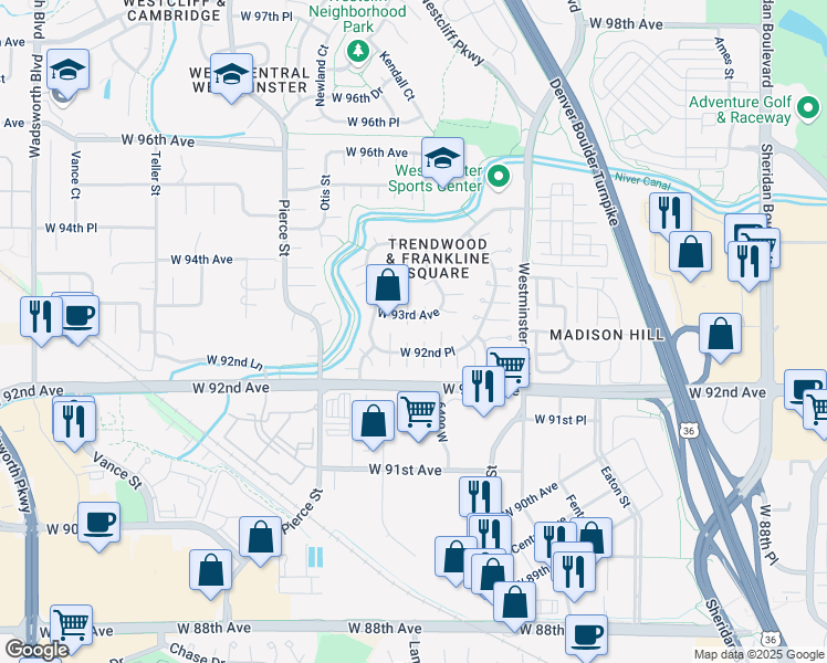map of restaurants, bars, coffee shops, grocery stores, and more near 6325 West 92nd Place in Westminster