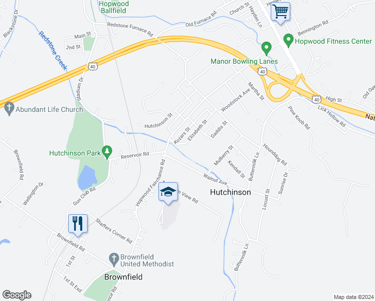 map of restaurants, bars, coffee shops, grocery stores, and more near 1003 Walnut Avenue in Uniontown