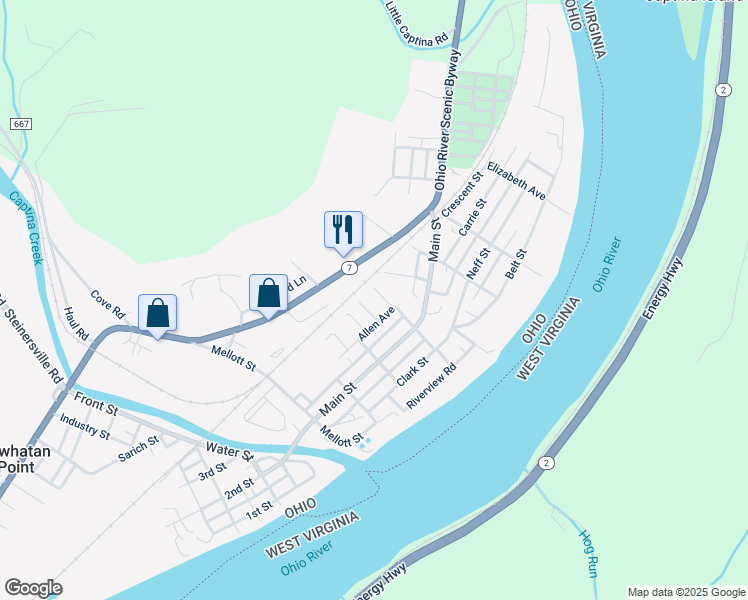 map of restaurants, bars, coffee shops, grocery stores, and more near 151 Allen Avenue in Powhatan Point