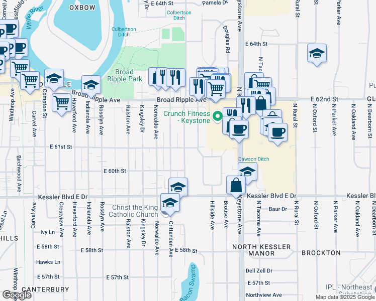 map of restaurants, bars, coffee shops, grocery stores, and more near 6101 Evanston Avenue in Indianapolis