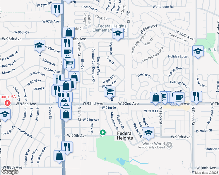 map of restaurants, bars, coffee shops, grocery stores, and more near 2551 West 93rd Avenue in Federal Heights