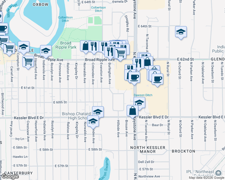 map of restaurants, bars, coffee shops, grocery stores, and more near 2002 East 61st Place in Indianapolis