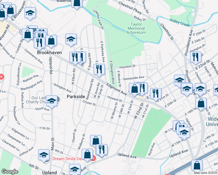 map of restaurants, bars, coffee shops, grocery stores, and more near 2510 Edgmont Avenue in Chester