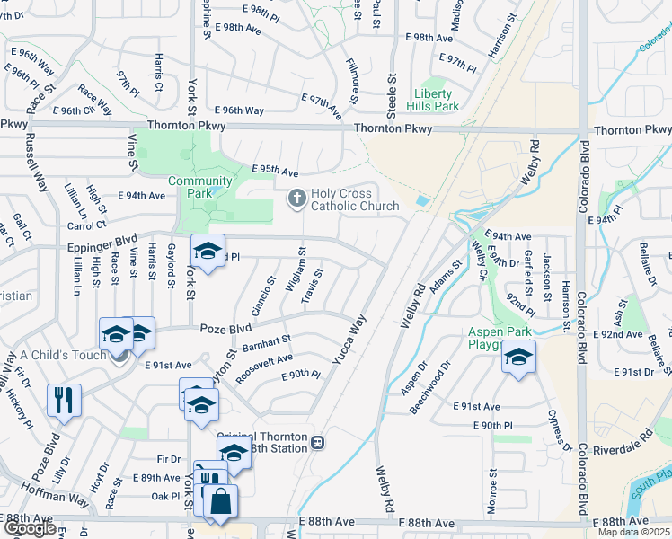 map of restaurants, bars, coffee shops, grocery stores, and more near 9301 Anderson Street in Thornton