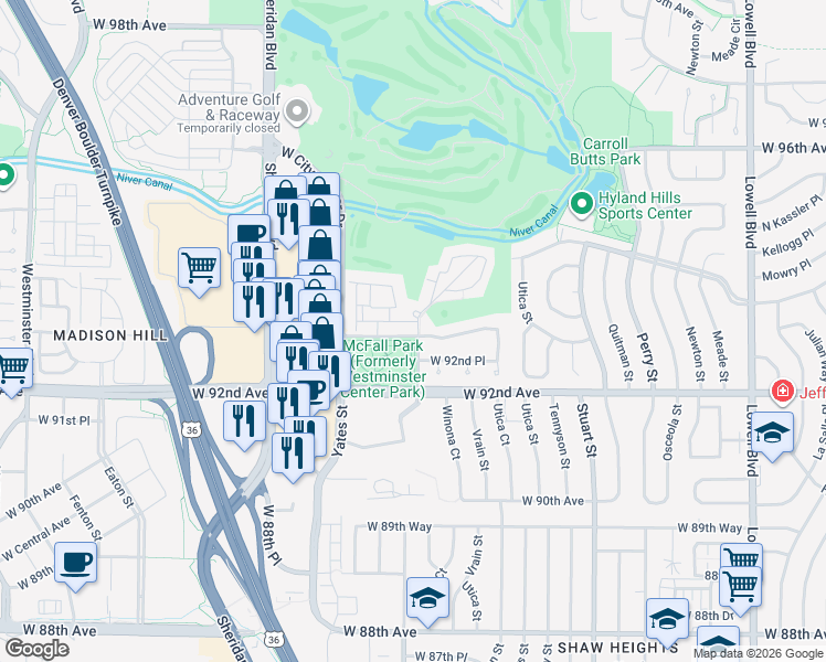 map of restaurants, bars, coffee shops, grocery stores, and more near 4901 West 93rd Avenue in Westminster
