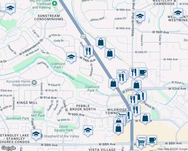 map of restaurants, bars, coffee shops, grocery stores, and more near 8198 West 93rd Circle in Westminster