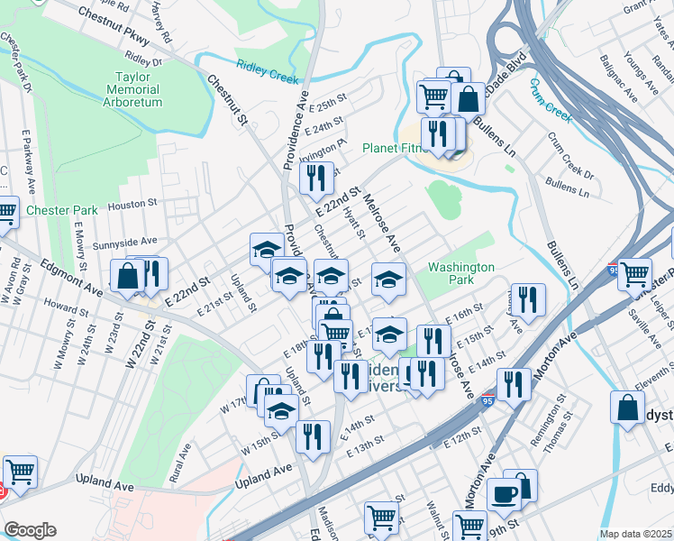 map of restaurants, bars, coffee shops, grocery stores, and more near 625 East 20th Street in Chester