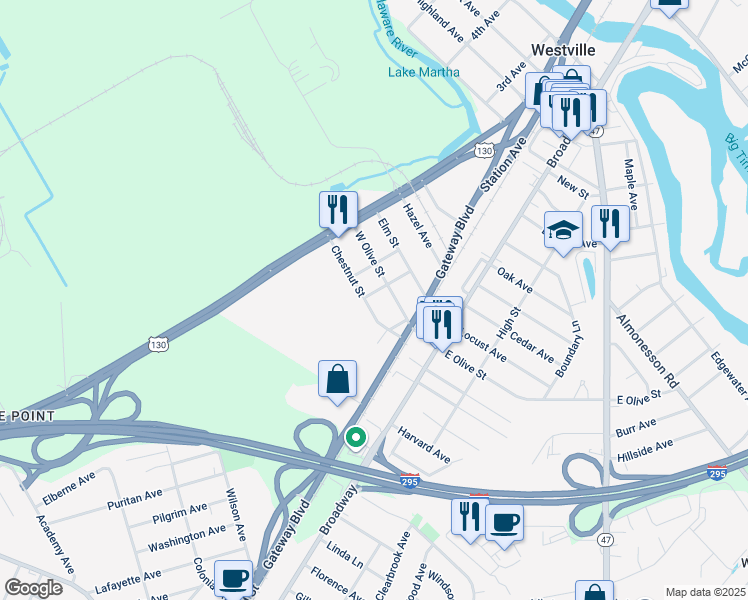 map of restaurants, bars, coffee shops, grocery stores, and more near 237 Chestnut Street in Westville