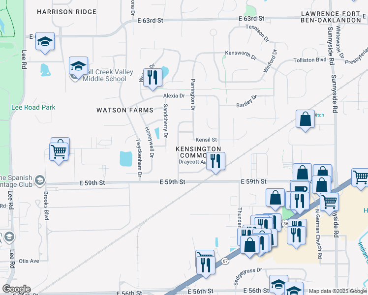 map of restaurants, bars, coffee shops, grocery stores, and more near 10250 Hornton Street in Indianapolis
