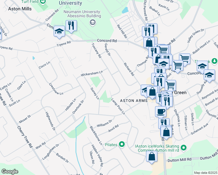 map of restaurants, bars, coffee shops, grocery stores, and more near in Aston