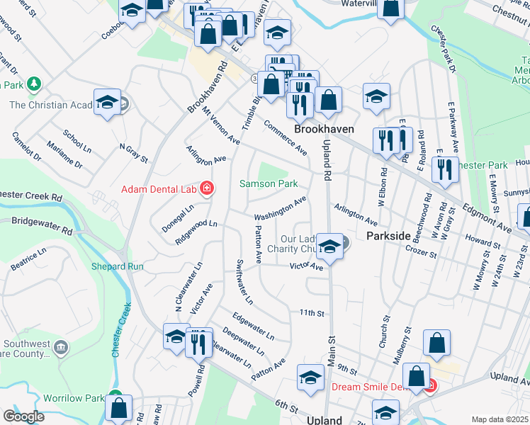 map of restaurants, bars, coffee shops, grocery stores, and more near 3443 Washington Avenue in Brookhaven