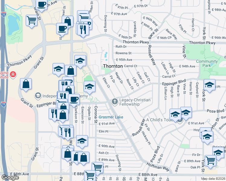 map of restaurants, bars, coffee shops, grocery stores, and more near 9291 Fir Drive in Thornton