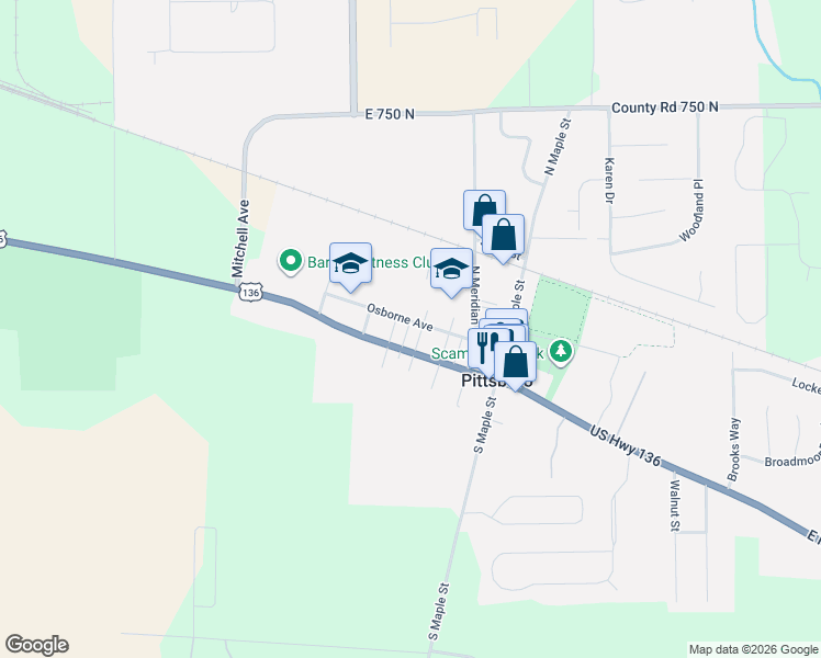 map of restaurants, bars, coffee shops, grocery stores, and more near 307 Osborne Avenue in Pittsboro