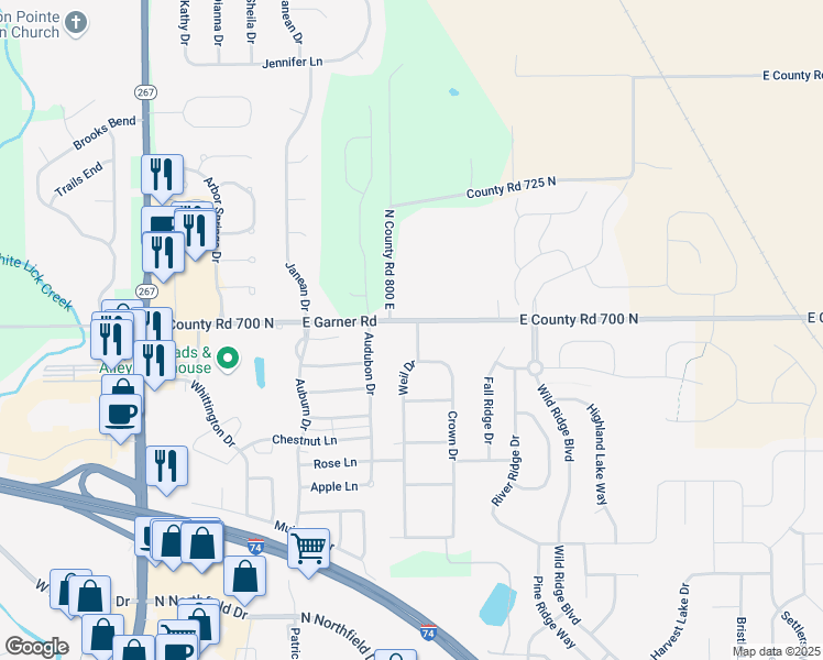 map of restaurants, bars, coffee shops, grocery stores, and more near 6974 Weil Drive in Brownsburg