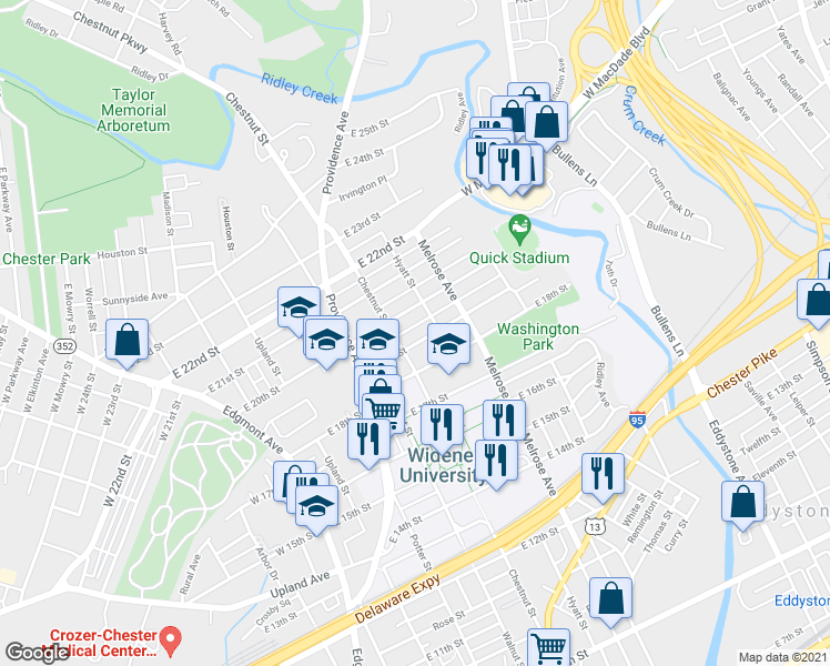 map of restaurants, bars, coffee shops, grocery stores, and more near 408 East 19th Street in Chester