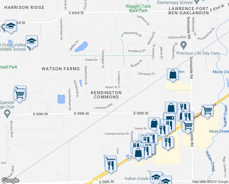 map of restaurants, bars, coffee shops, grocery stores, and more near 10420 Hornton Street in Indianapolis
