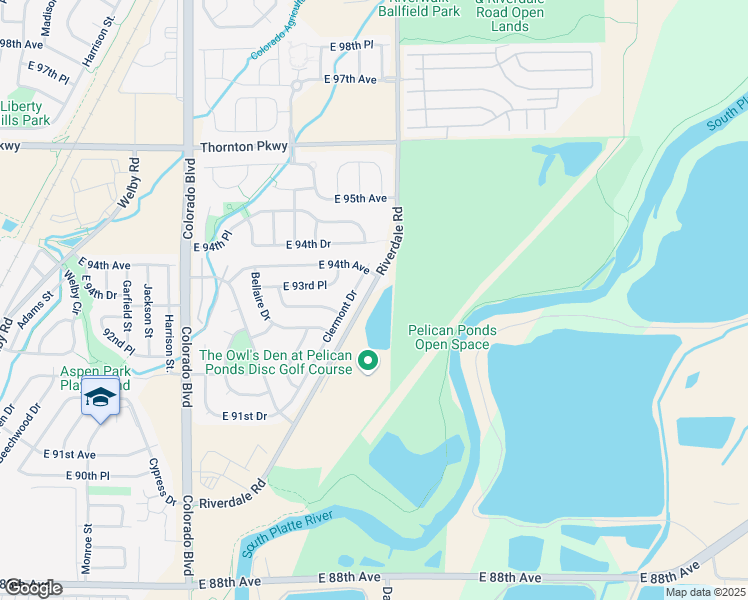 map of restaurants, bars, coffee shops, grocery stores, and more near 9190 Riverdale Road in Thornton