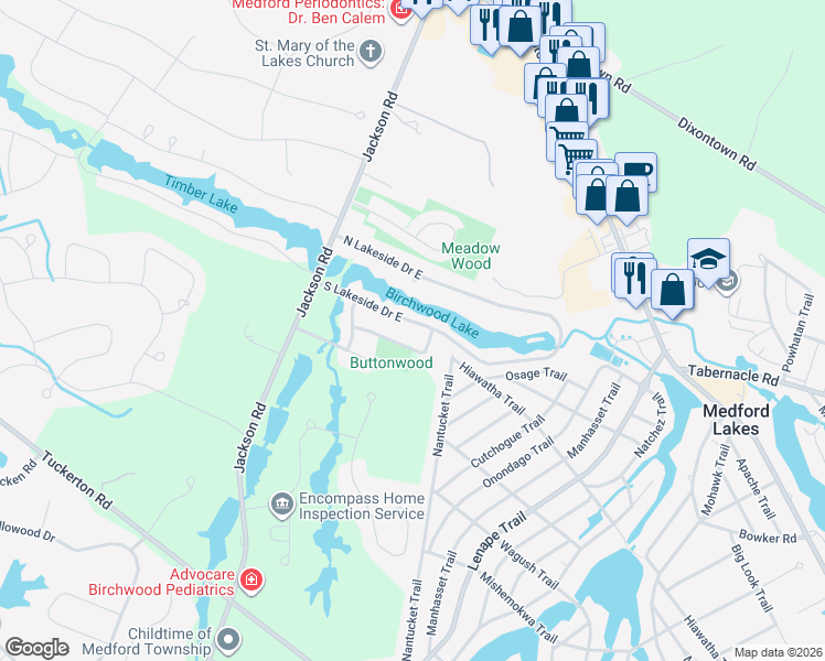 map of restaurants, bars, coffee shops, grocery stores, and more near 187 South Lakeside Drive East in Medford