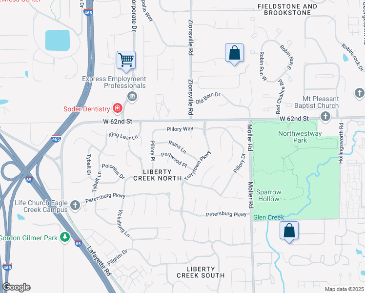 map of restaurants, bars, coffee shops, grocery stores, and more near 5644 Rains Lane in Indianapolis