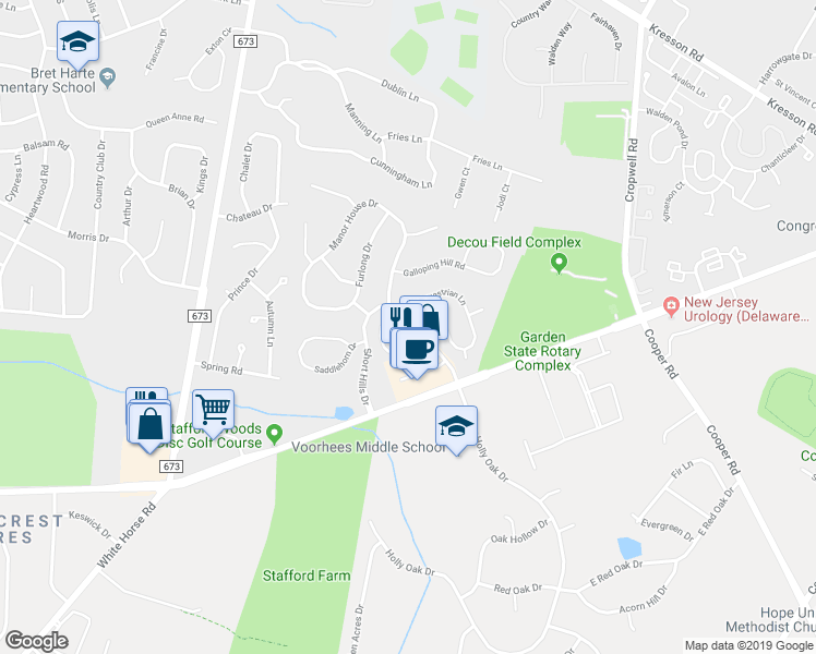 map of restaurants, bars, coffee shops, grocery stores, and more near 33 Bridle Court in Cherry Hill