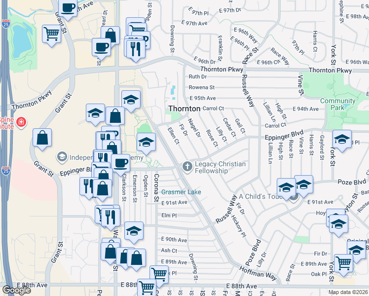 map of restaurants, bars, coffee shops, grocery stores, and more near 9291 Fir Drive in Thornton