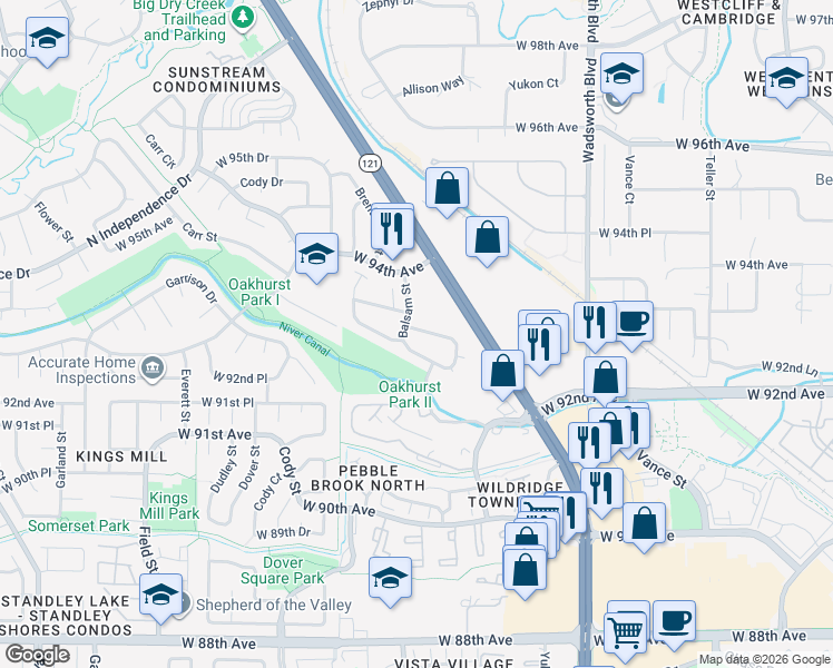 map of restaurants, bars, coffee shops, grocery stores, and more near 8198 West 93rd Circle in Westminster