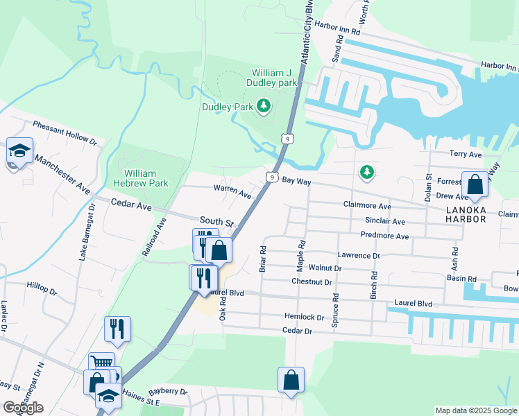 map of restaurants, bars, coffee shops, grocery stores, and more near 809 North Main Street in Lacey Township