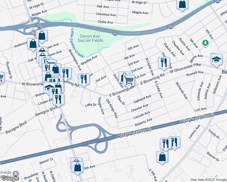 map of restaurants, bars, coffee shops, grocery stores, and more near 11 Evergreen Avenue in Bellmawr