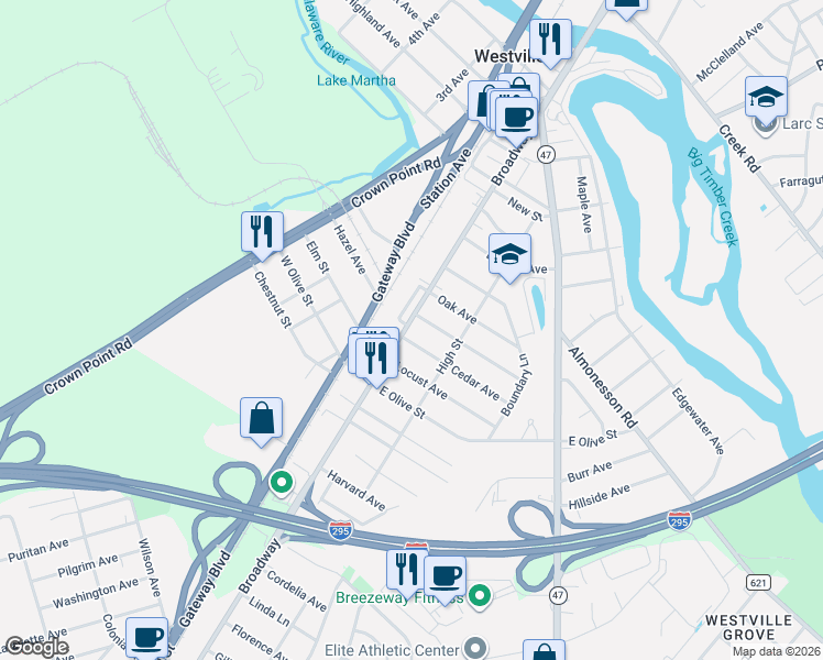 map of restaurants, bars, coffee shops, grocery stores, and more near 10 Spruce Avenue in Westville