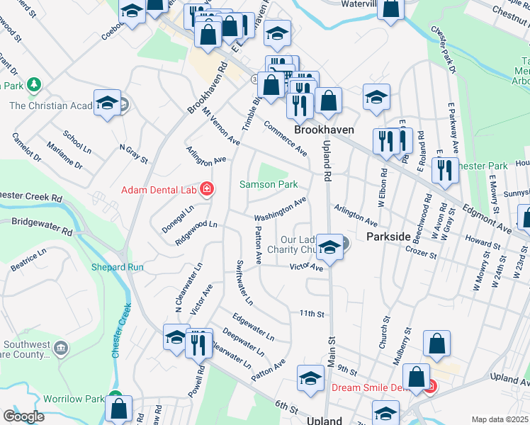 map of restaurants, bars, coffee shops, grocery stores, and more near 3443 Washington Avenue in Brookhaven