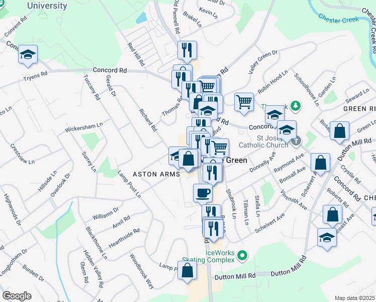 map of restaurants, bars, coffee shops, grocery stores, and more near 3235 Richard Road in Aston