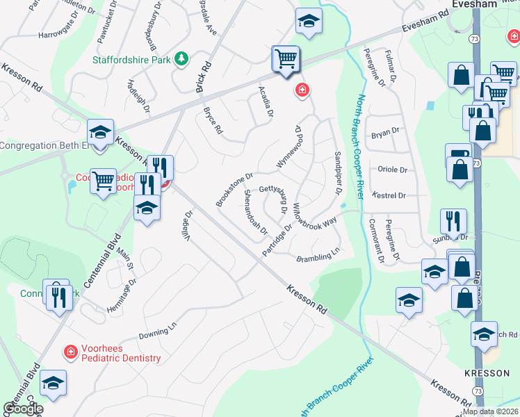 map of restaurants, bars, coffee shops, grocery stores, and more near 13 Cumberland Drive in Voorhees Township