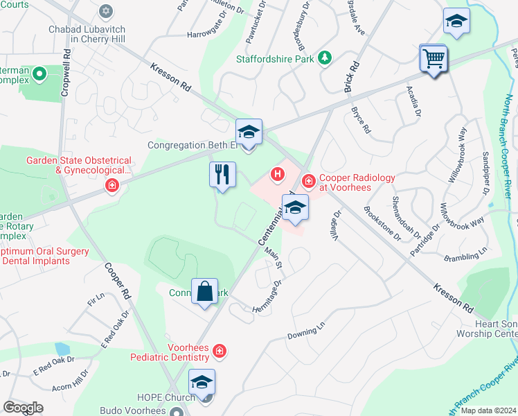 map of restaurants, bars, coffee shops, grocery stores, and more near 2026 Main Street in Voorhees Township