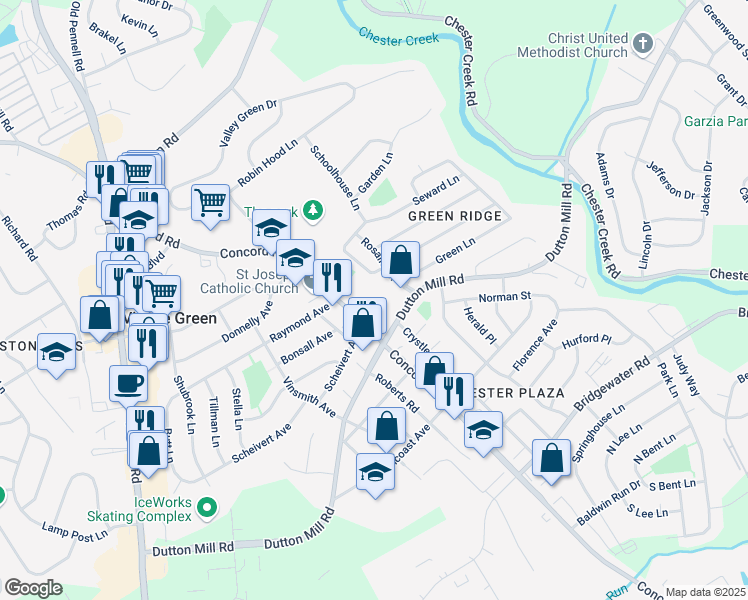 map of restaurants, bars, coffee shops, grocery stores, and more near 3210 Concord Road in Aston