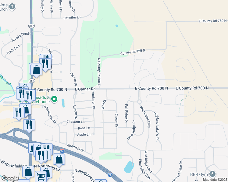 map of restaurants, bars, coffee shops, grocery stores, and more near 8135 East County Road 700 North in Brownsburg