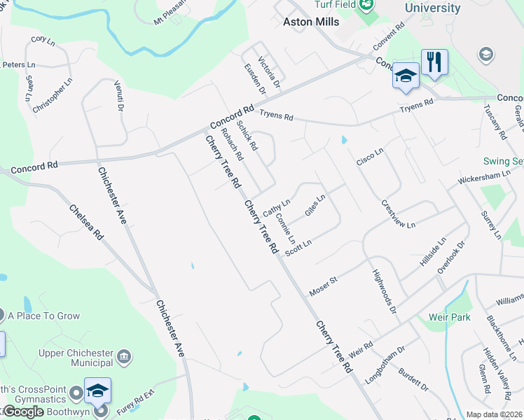 map of restaurants, bars, coffee shops, grocery stores, and more near 1201 Cherry Tree Road in Aston
