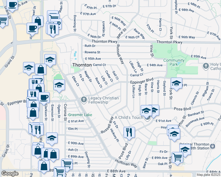 map of restaurants, bars, coffee shops, grocery stores, and more near 1550 Eppinger Boulevard in Thornton