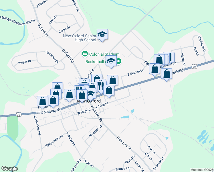 map of restaurants, bars, coffee shops, grocery stores, and more near 8 North Berlin Avenue in New Oxford
