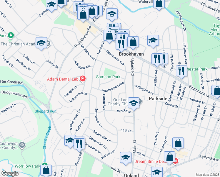 map of restaurants, bars, coffee shops, grocery stores, and more near 3427 Washington Avenue in Brookhaven