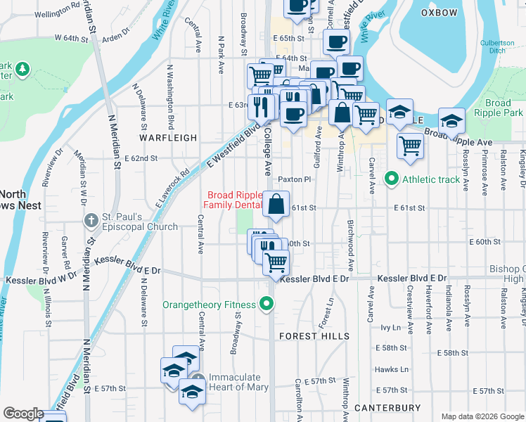 map of restaurants, bars, coffee shops, grocery stores, and more near 6060 North College Avenue in Indianapolis