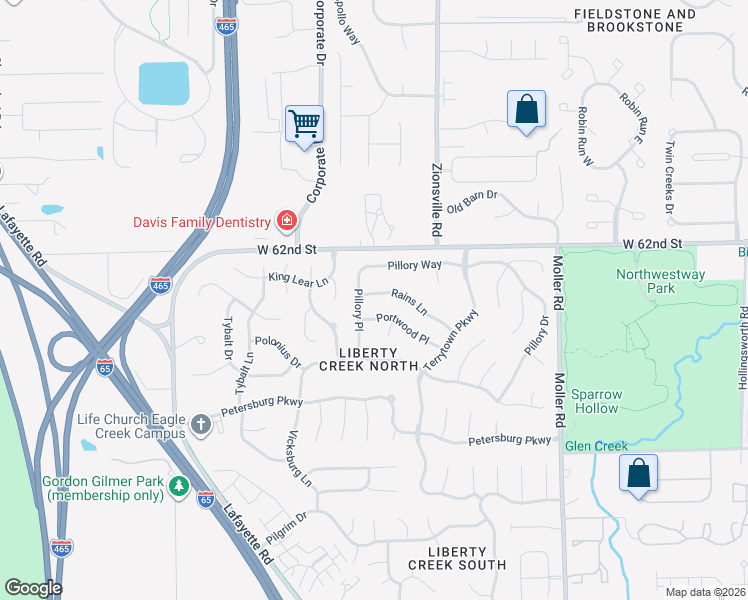map of restaurants, bars, coffee shops, grocery stores, and more near 5723 Rains Lane in Indianapolis
