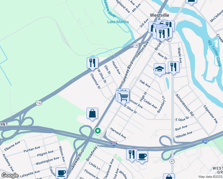 map of restaurants, bars, coffee shops, grocery stores, and more near 227 West Olive Street in Westville